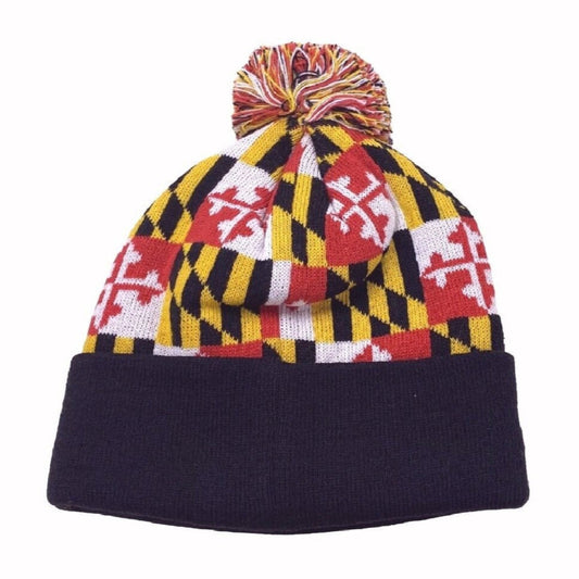 Maryland Flag Pom Beanie Cap with Black Cuff