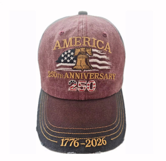 America Flag and Liberty Bell 250th Anniversary Embroidered Distressed Style Cap Hat