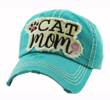 Cat Mom Distressed Aqua Green Cap Hat
