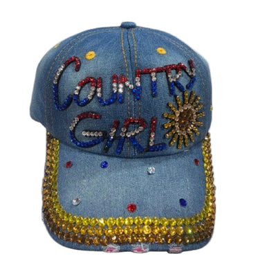 Country Girl Denim Bling Rhinestone Red White Blue Cap Hat