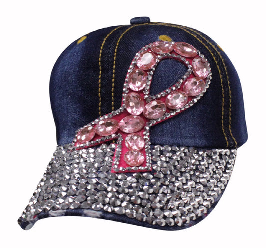 Denim Bling Rhinestone Pink Ribbon Cap Hat