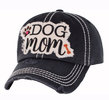 Dog Mom Distressed Grey Black Cap Hat