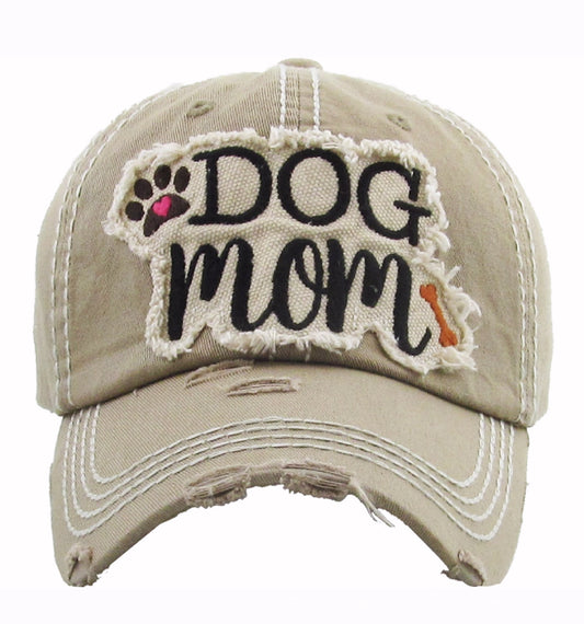 Dog Mom Distressed Khaki Tan Cap Hat