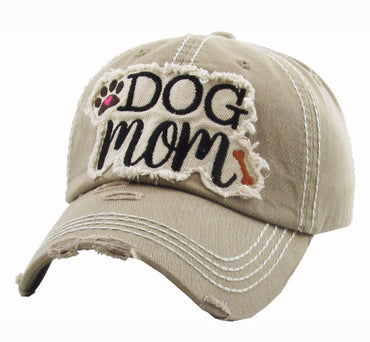 Dog Mom Distressed Khaki Tan Cap Hat