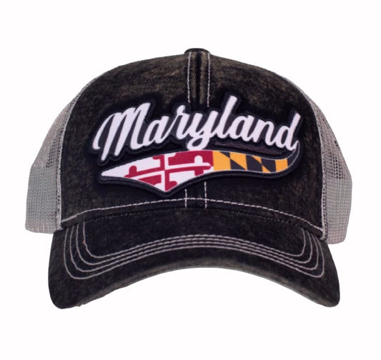 Maryland Flag Script Mesh Back Embroidered Cap Hat