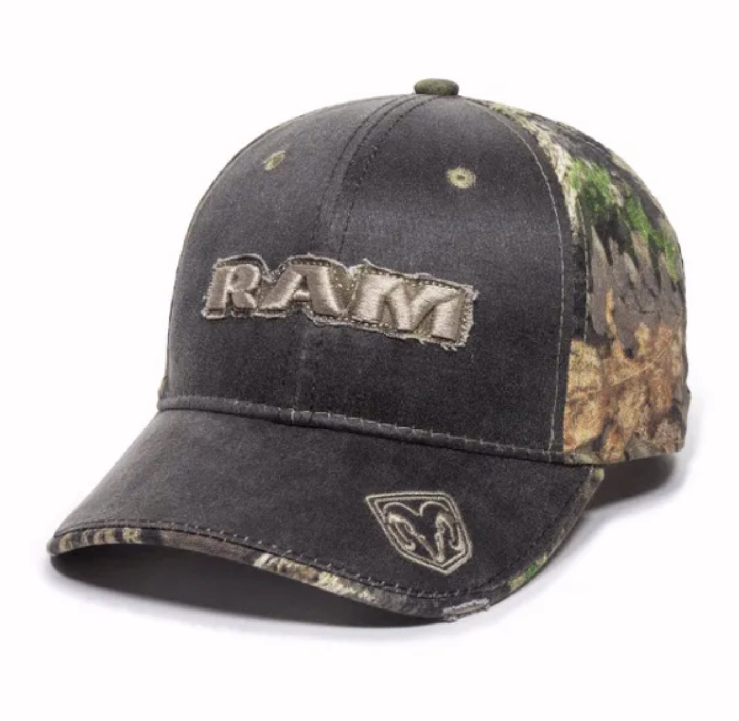 RAM Logo Patch Mosssy Oak Distressed Style Camo Cap Hat