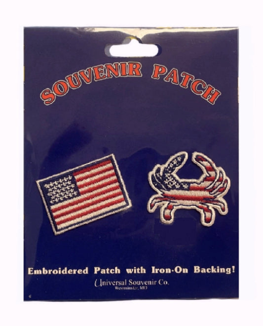 U.S.A. USA Flag and Crab Embroidered Iron-On Sew-On Patch Set