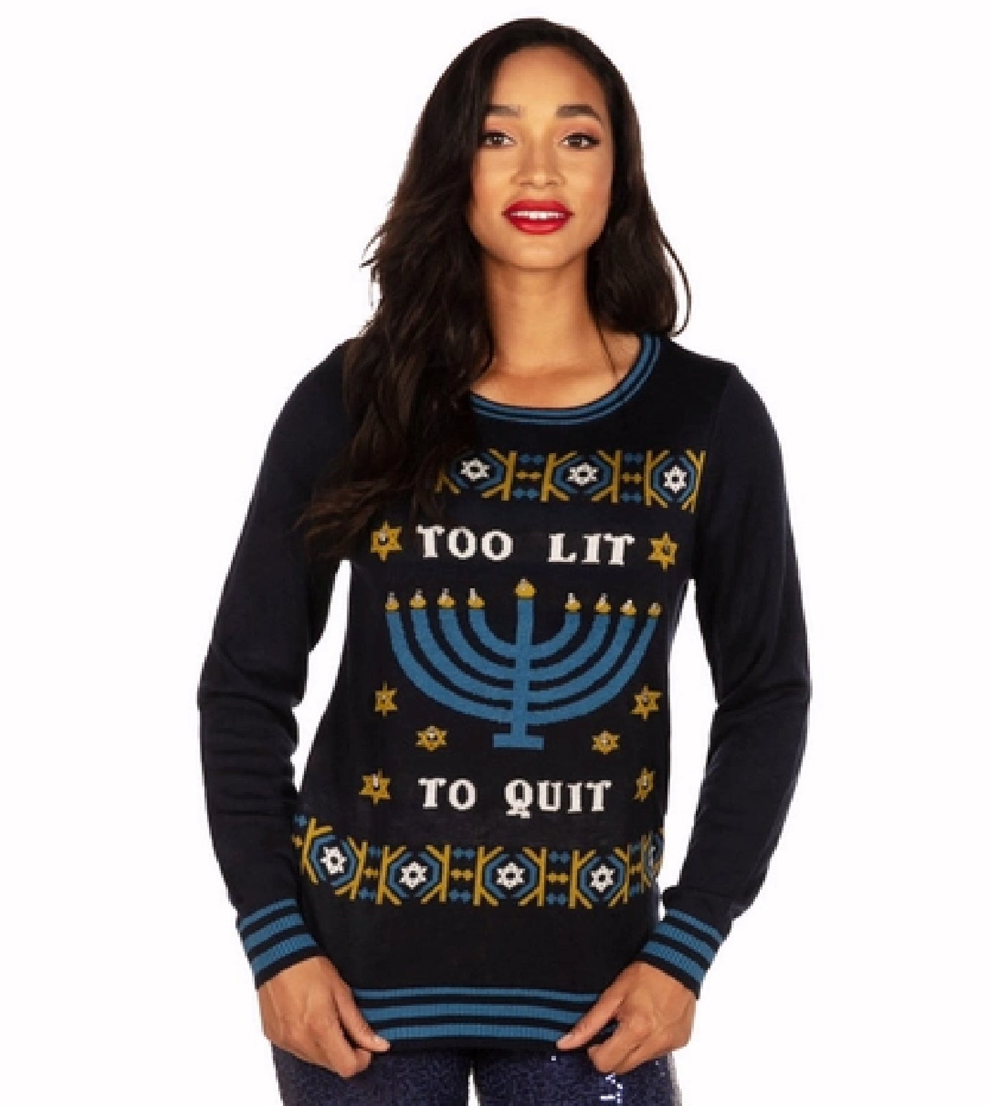 Too Lit To Quit Menorah LED Light-Up Hanukkah Humorous Sweater