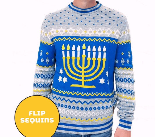 Menorah Hanukkah with Flip Candle Sequins Sweater