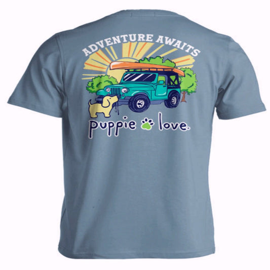 Puppie Love Dog Adventure Awaits Off-Road Camping Pup Short Sleeve T-Shirt
