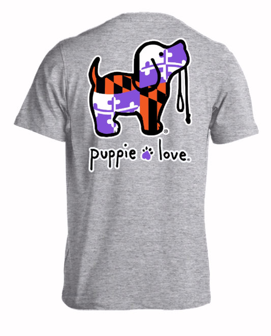Puppie Love Dog Orange and Purple Sports Maryland Flag Baseball Football Short Sleeve T-Shirt