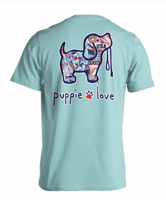 Puppie Love Dog USA Collage Patriotic Pup Short Sleeve T-Shirt