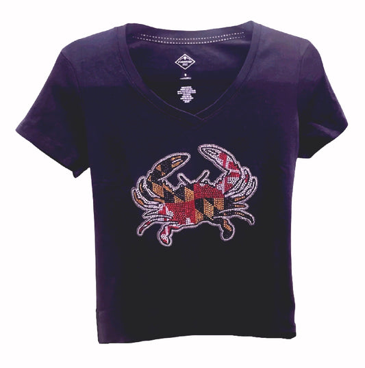 Maryland Flag Crab Rhinestone Woman's V-Neck Short Sleeve Sleeve T-Shirt