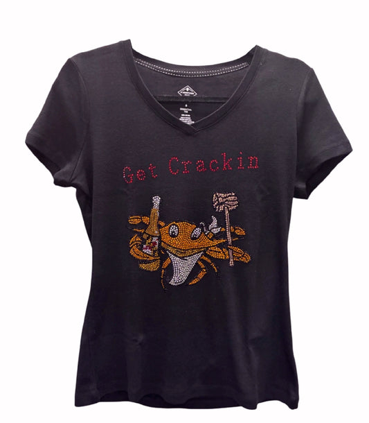 Get Crackin Beer Mallet Rhinestone Womans V-Neck Short Sleeve Sleeve T-Shirt