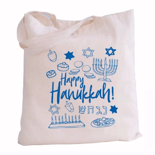 Happy Hanukkah Icons Holiday Lightweight Canvas Market Tote Reusable Shopping Bag