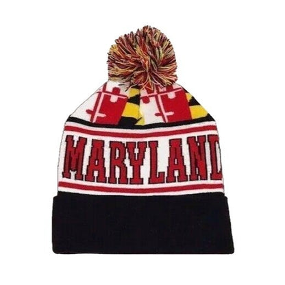 Maryland Flag Name Black Cuff Pom Beanie Cap Hat