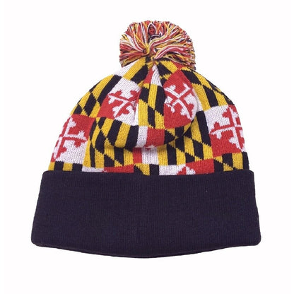 Maryland Flag Pom Beanie Cap with Black Cuff