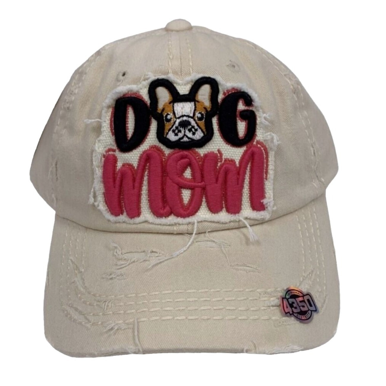 Dog Mom Embroidered Distressed Style Beige Cap Hat