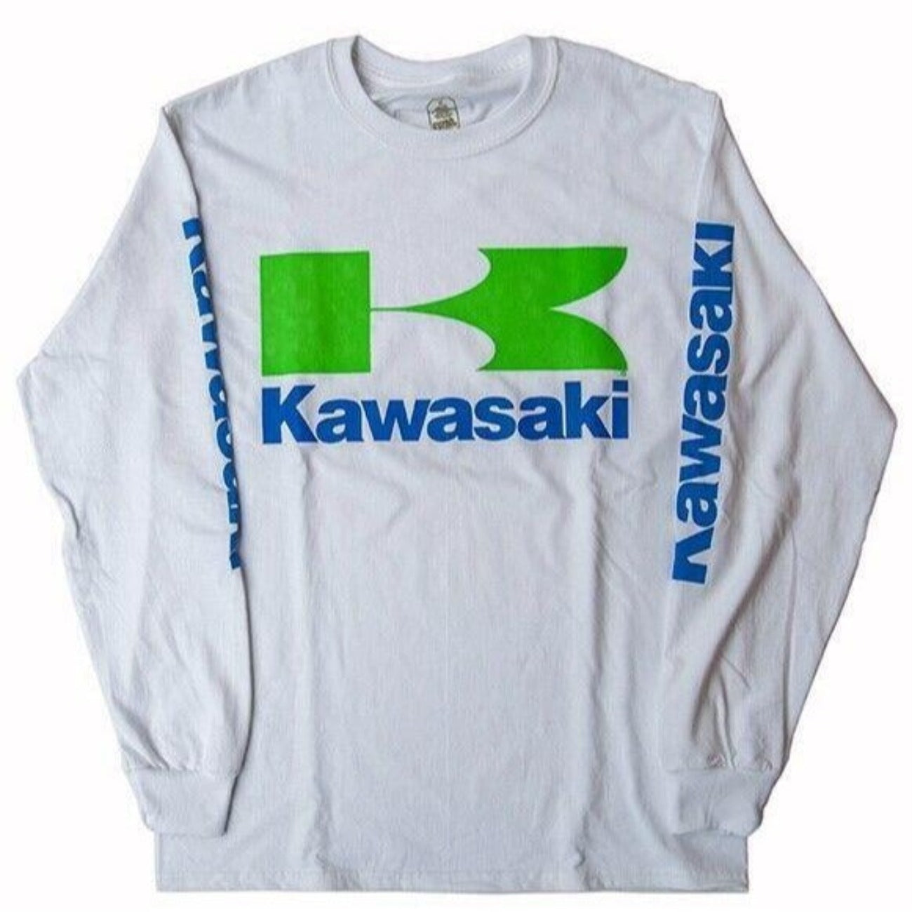 Kawasaki Logo White Green-Blue Jersey Long Sleeve T-Shirt