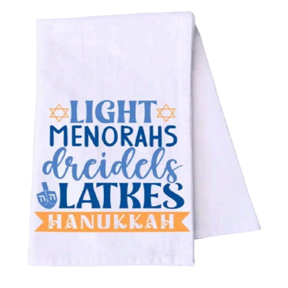 Hanukkah Chanukah Light Menorahs, Dreidels, Latkes Hand And Kitchen Towel