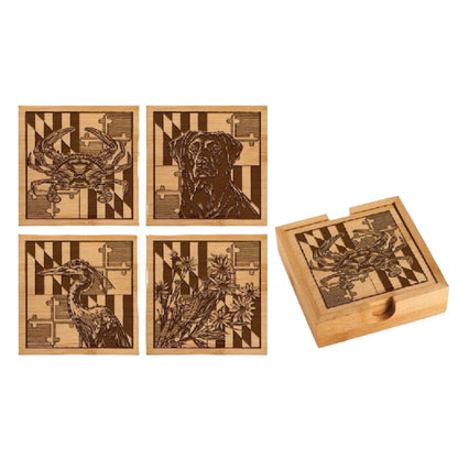 Maryland Flag Scenes Etched Wooden Coaster Set