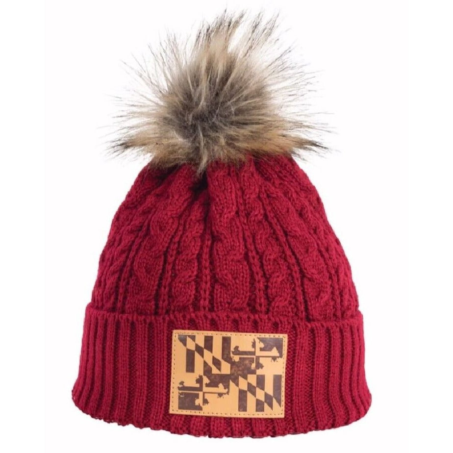 Maryland Flag Leather Patch Pom Red Beanie Cap Hat