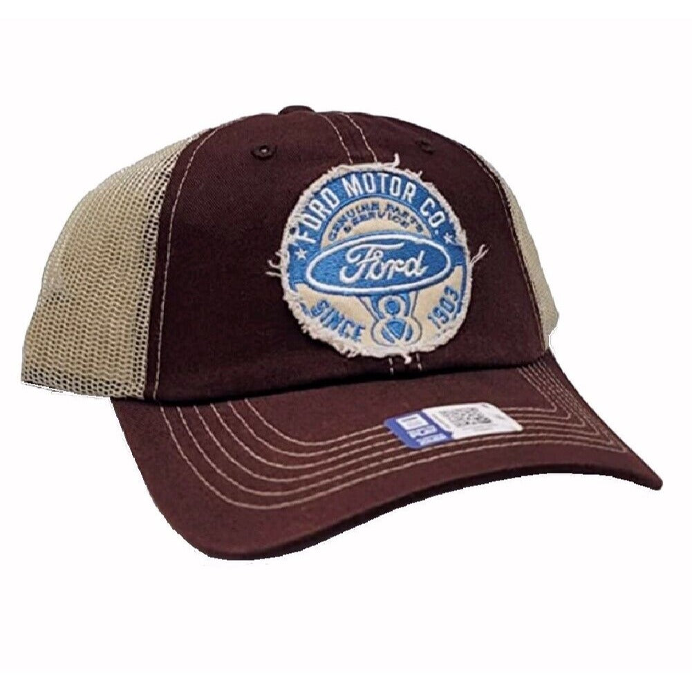 Ford Vintage V8 Embroidered Patch Distressed Style Mesh Cap Hat