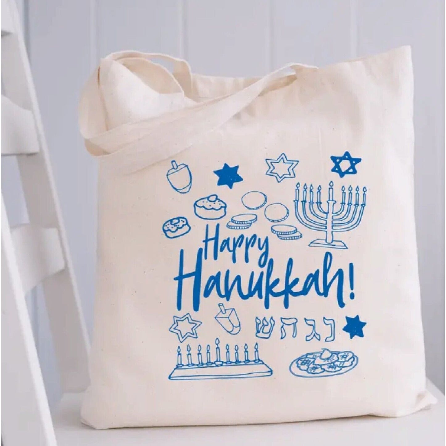 Happy Hanukkah Icons Holiday Lightweight Canvas Market Tote Reusable Shopping Bag