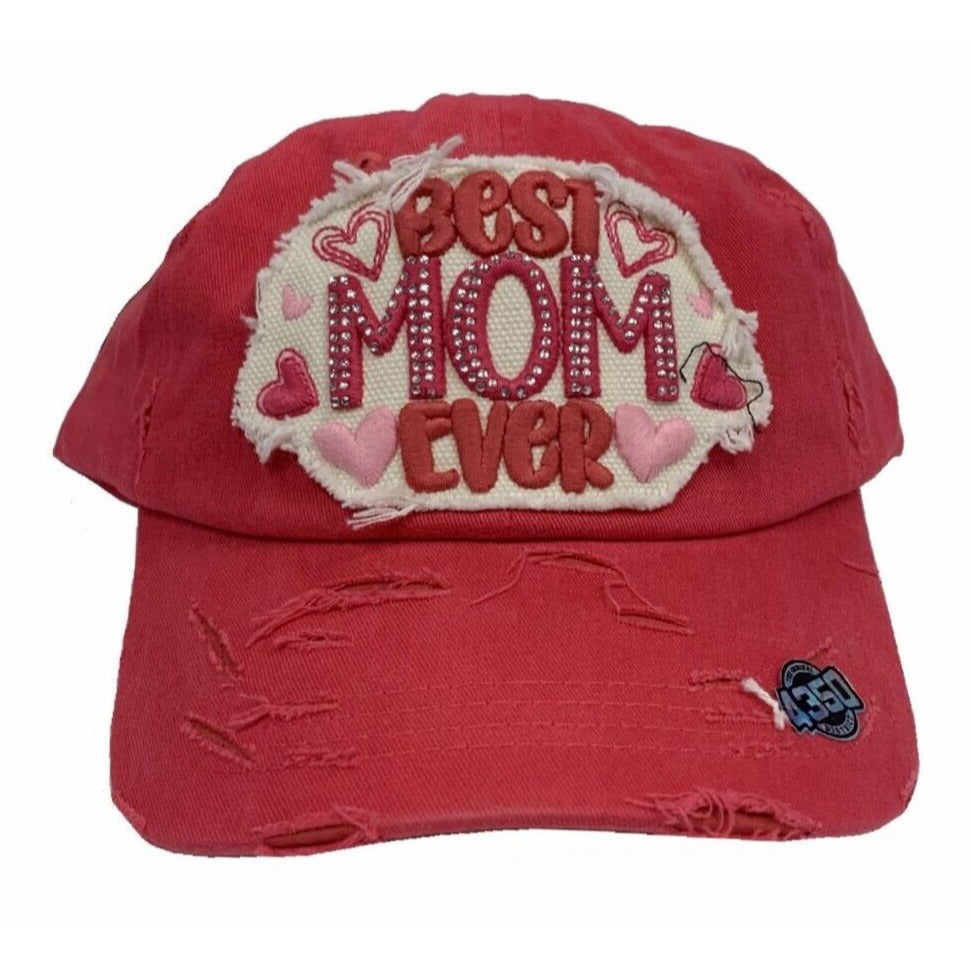 Best Mom Ever Embroidered Distressed Style Red Cap Hat