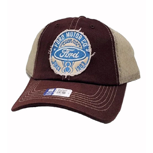 Ford Vintage V8 Embroidered Patch Distressed Style Mesh Cap Hat