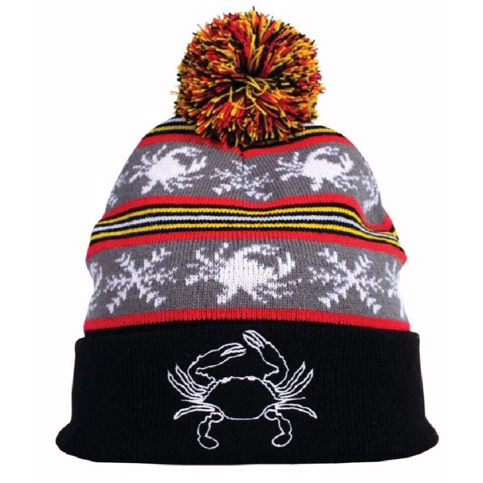 Crab Striped Pom Black Beanie Cap Hat