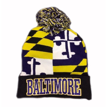 Baltimore Name Beanie With Pom Cap Purple Hat