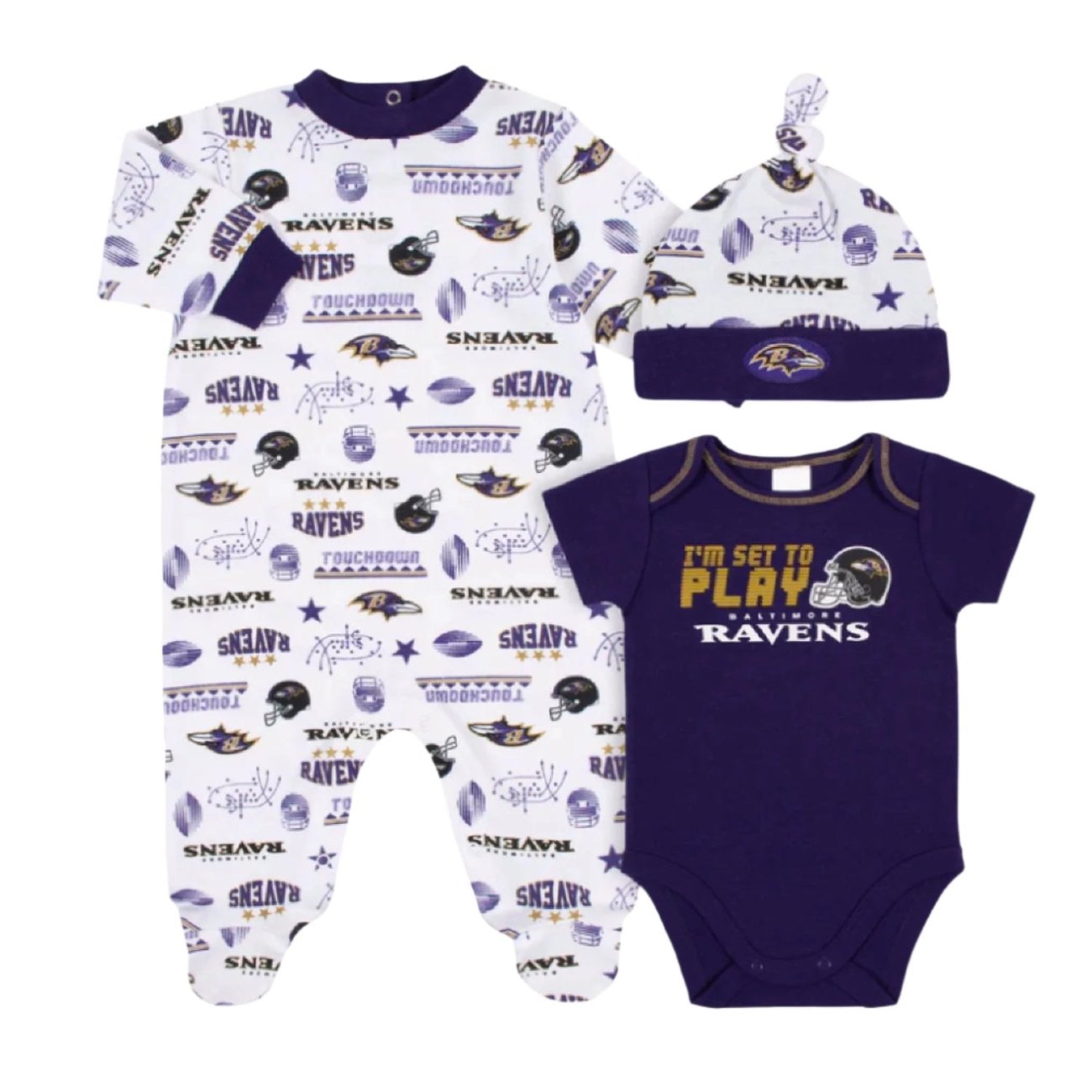 Baltimore Ravens Gerber 3-Piece Baby Infant Bodysuit, Sleep ‘N Play & Cap Set