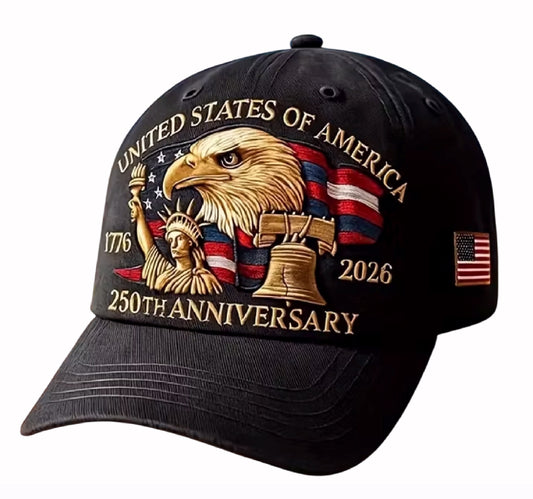 U.S.A. 250th Anniversary Eagle Statue of Liberty Bell Embroidered Black Cap Hat