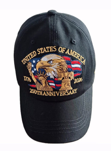 USA 250th Anniversary Eagle Statue of Liberty Bell Embroidered Black Cap Hat