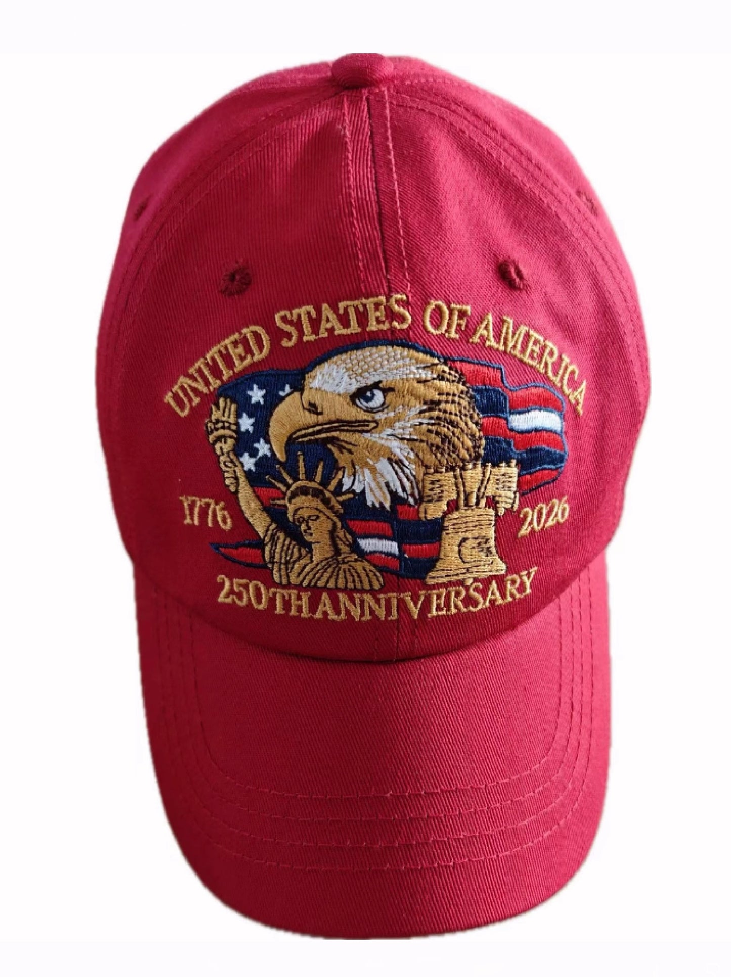 USA 250th Anniversary Eagle Statue of Liberty Bell Embroidered Red Cap Hat