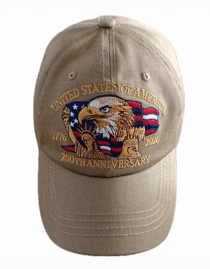 USA 250th Anniversary Eagle Statue of Liberty Bell Embroidered Tan Cap Hat