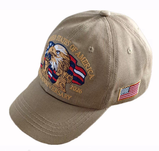 USA 250th Anniversary Eagle Statue of Liberty Bell Embroidered Tan Cap Hat