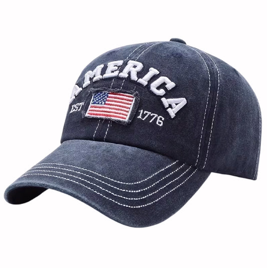 America Flag Established 1776 Embroidered Brushed Blue Cap Hat