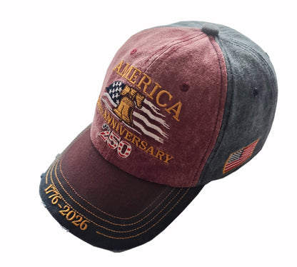America Flag and Liberty Bell 250th Anniversary Embroidered Distressed Style Cap Hat
