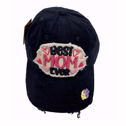 Best Mom Ever Embroidered Distressed Style Black Cap Hat