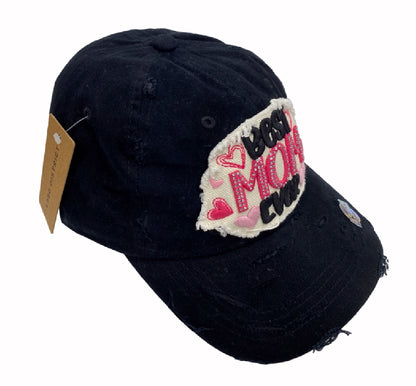 Best Mom Ever Embroidered Distressed Style Black Cap Hat