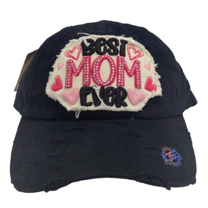 Best Mom Ever Embroidered Distressed Style Black Cap Hat