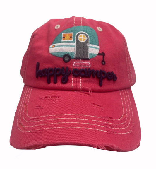 Happy Camper RV Embroidered Distressed Style Cap Hat