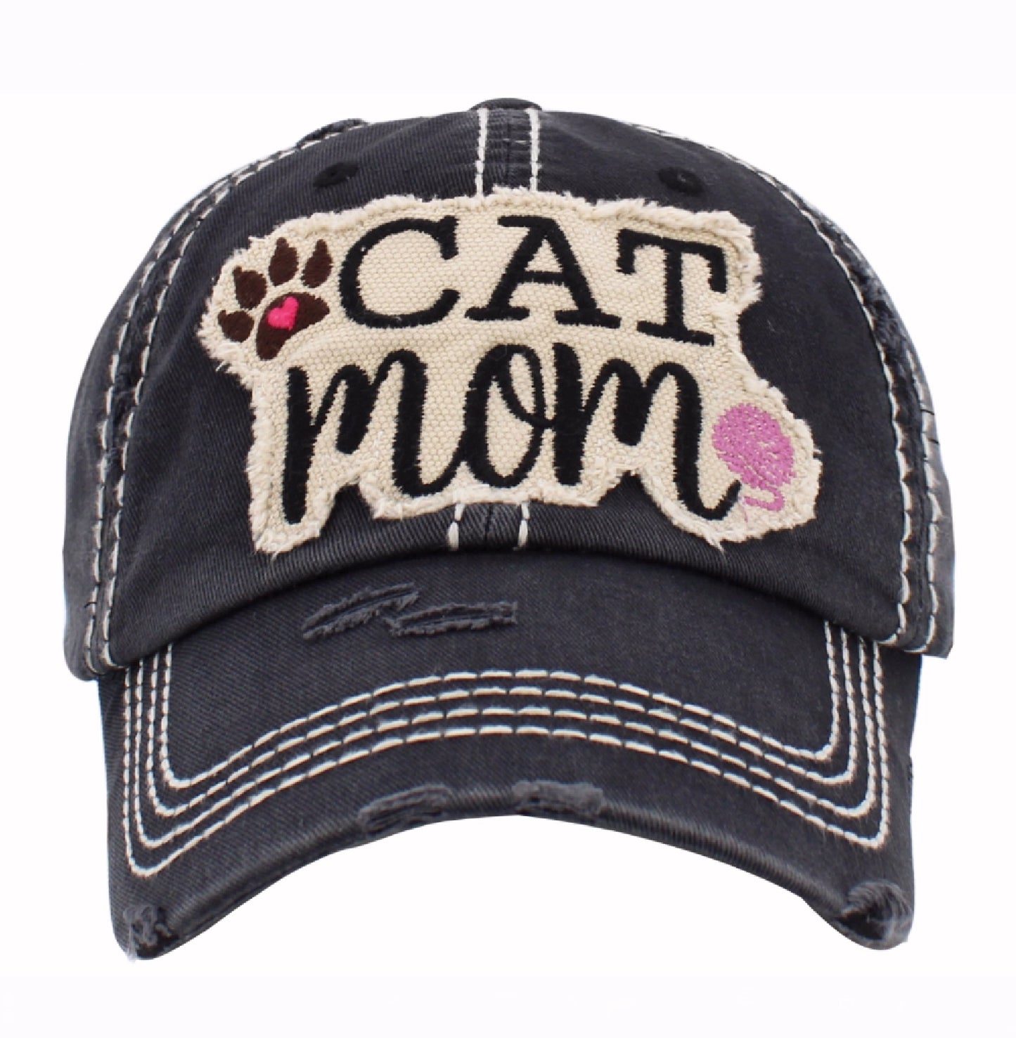 Cat Mom Distressed Grey Black Cap Hat