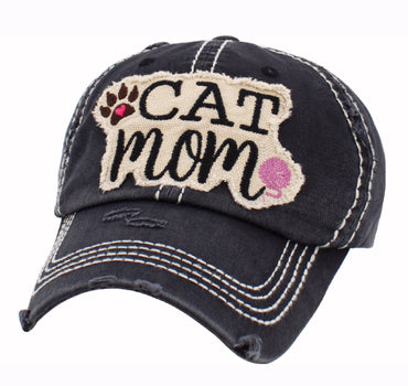 Cat Mom Distressed Grey Black Cap Hat