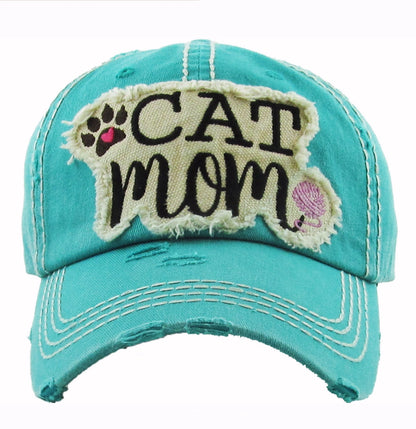 Cat Mom Distressed Aqua Green Cap Hat
