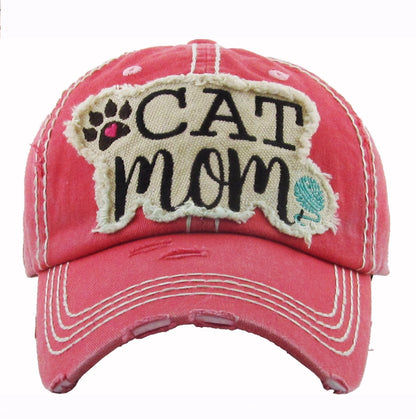Cat Mom Distressed Hot Pink Cap Hat
