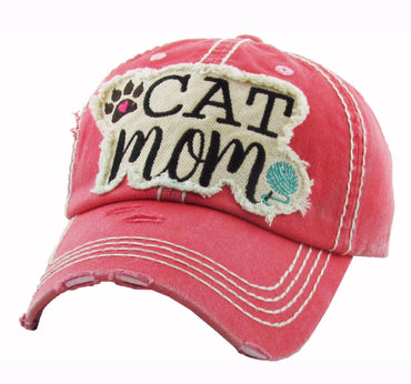 Cat Mom Distressed Hot Pink Cap Hat