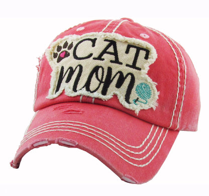 Cat Mom Distressed Hot Pink Cap Hat